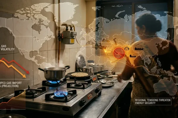 Indian household using piped gas with global map showing Middle East conflict impact on gas supply.