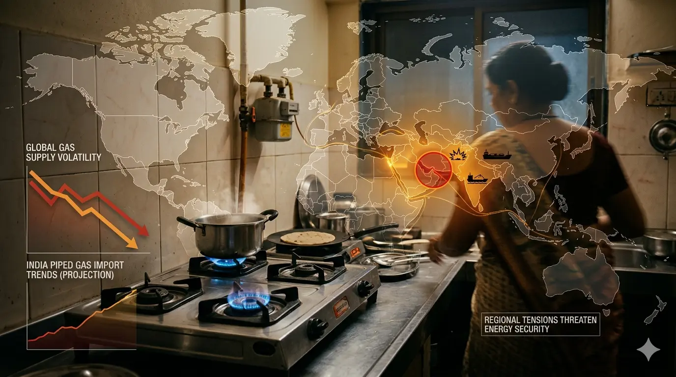 Indian household using piped gas with global map showing Middle East conflict impact on gas supply.