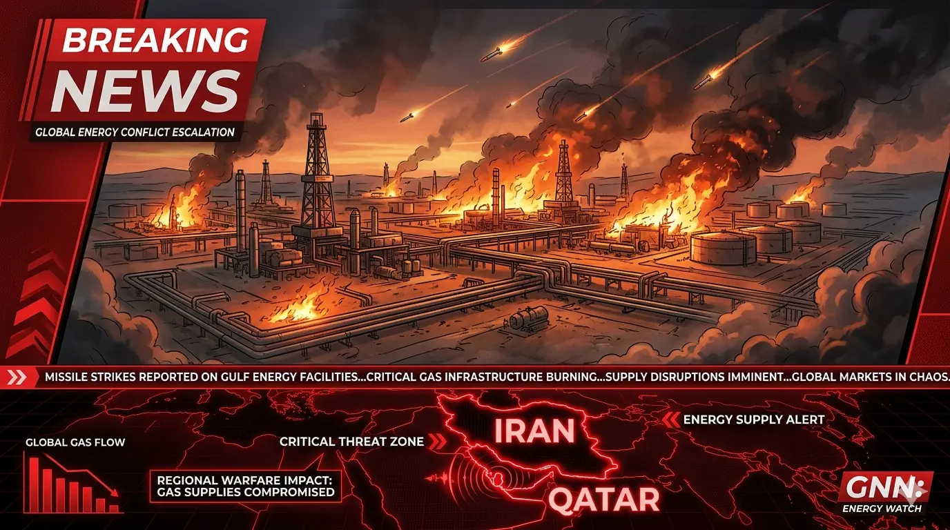 Iran gas field under threat with missiles and flames symbolizing escalating US warning and Middle East tensions