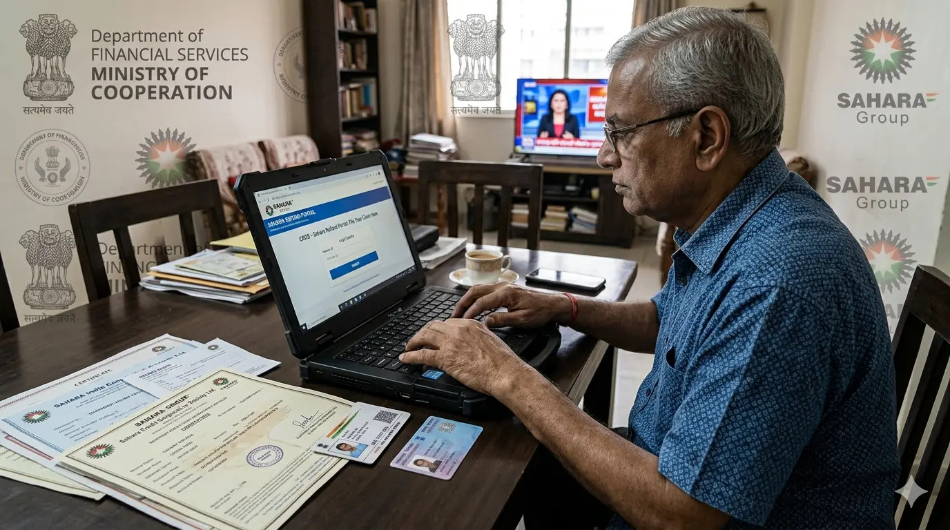 Investor filing Sahara refund claim online with documents and portal interface