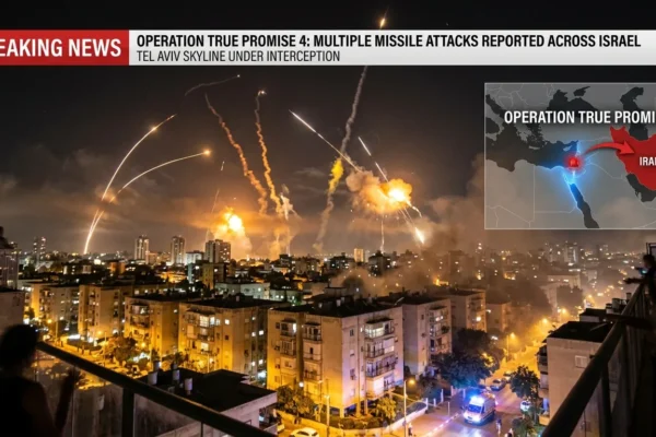 Tel Aviv skyline with missile trails and air defense systems intercepting attacks during IRGC strike operation.