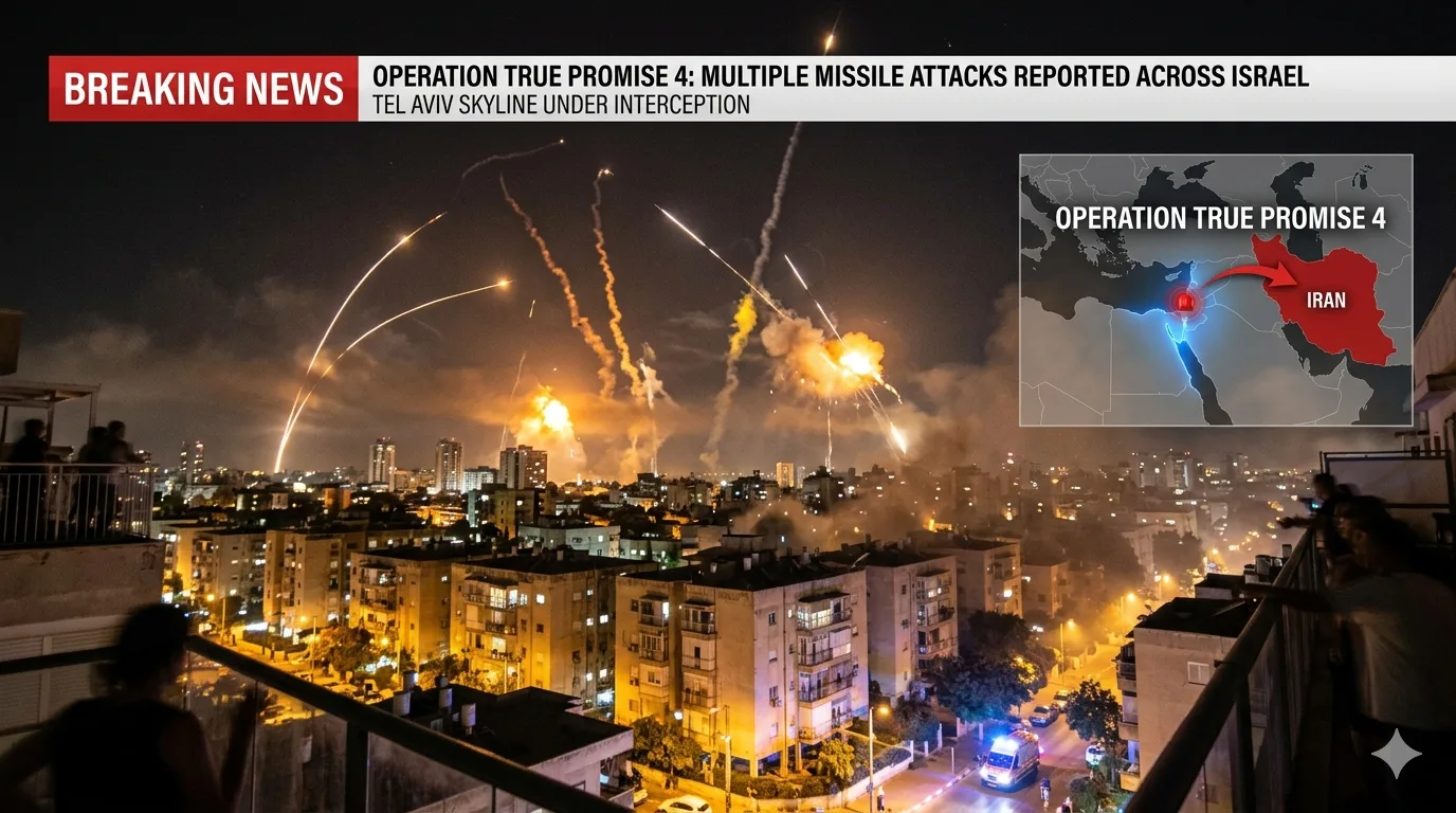 Tel Aviv skyline with missile trails and air defense systems intercepting attacks during IRGC strike operation.