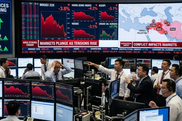 Asian stock market screens showing falling charts amid rising Middle East war tensions