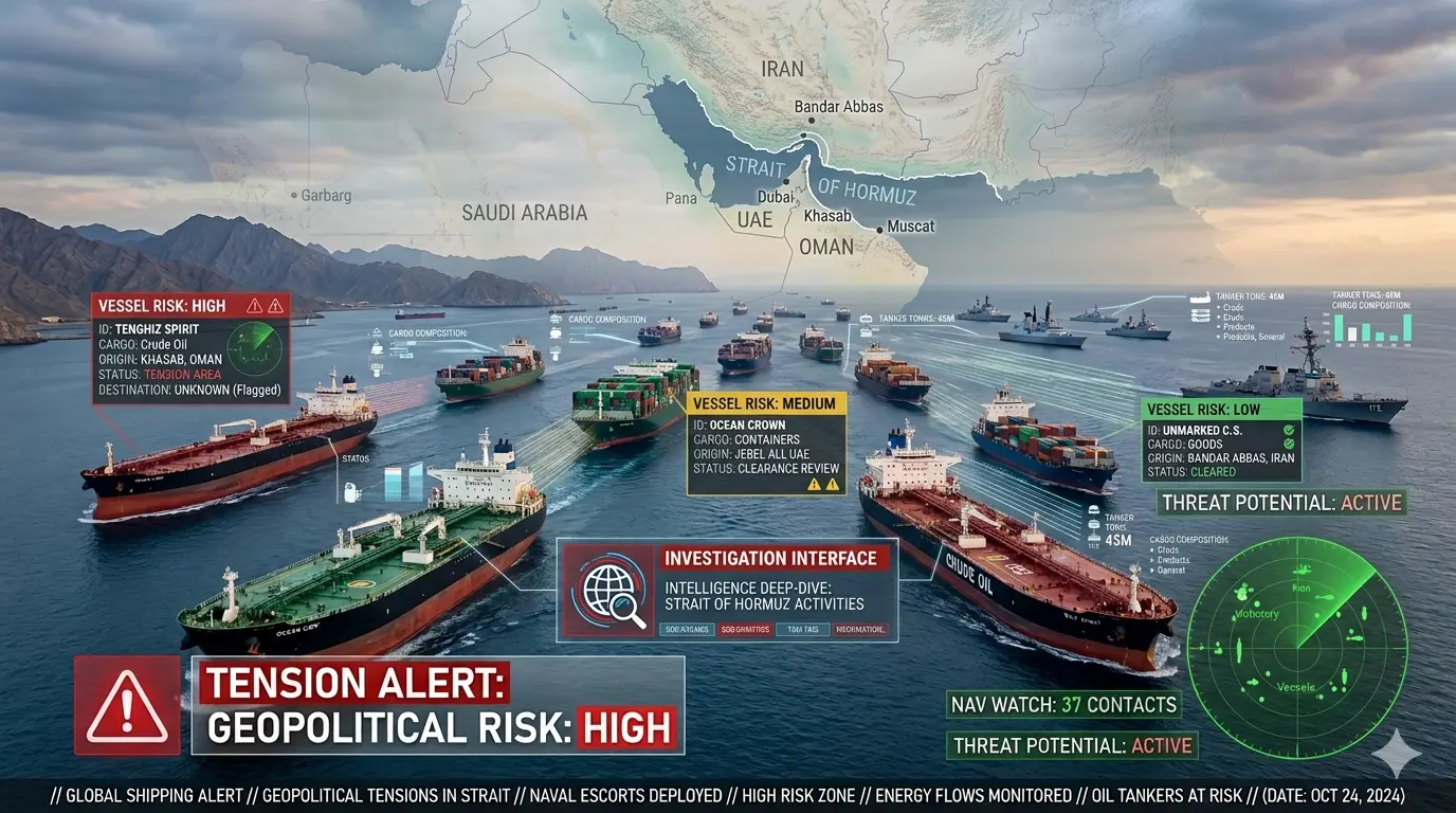 Oil tankers and cargo ships passing through Strait of Hormuz under military watch