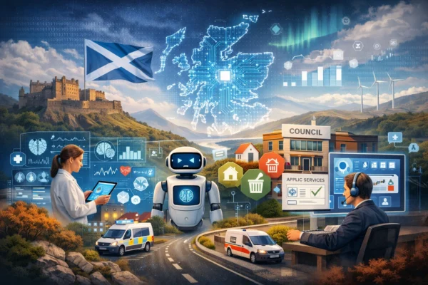 AI in Scotland public services shown through digital dashboards and healthcare systems
