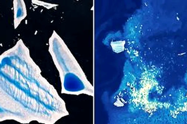 Satellite view showing large icebergs breaking apart and melting in deep blue ocean waters, highlighting the impact of warming temperatures on polar ice.