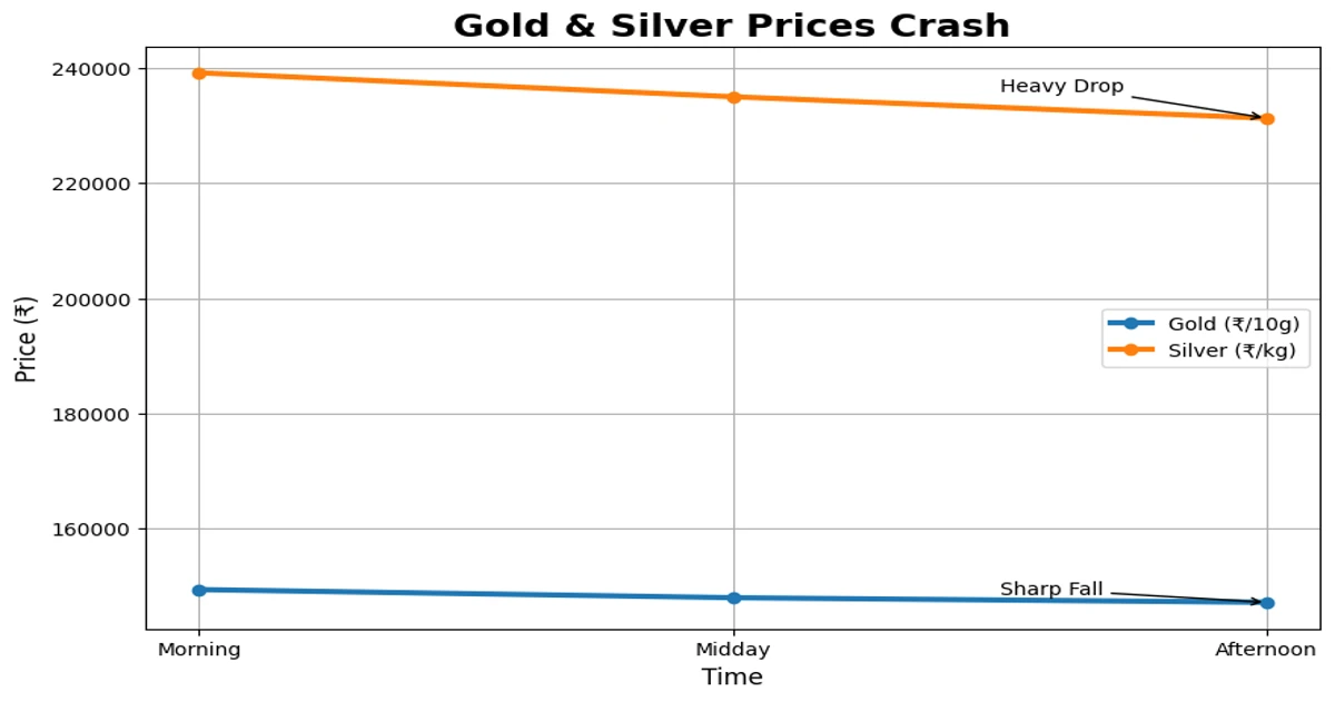 Silver price crash chart showing gold and silver prices dropping sharply in India on March 19, 2026 due to strong dollar and interest rate concerns