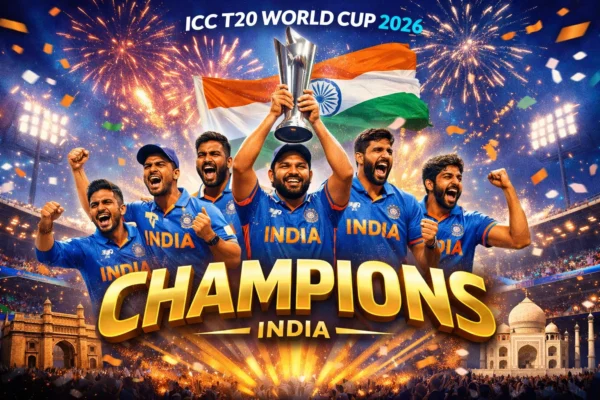 Indian cricket team celebrating after winning the 2026 T20 World Cup final showing how India won the 2026 T20 World Cup final.