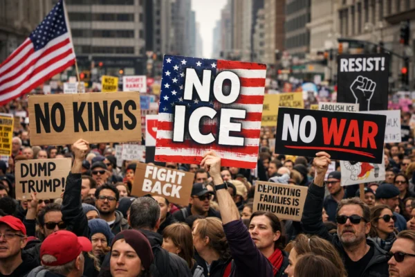 No Kings protests against Trump policies crowd holding signs