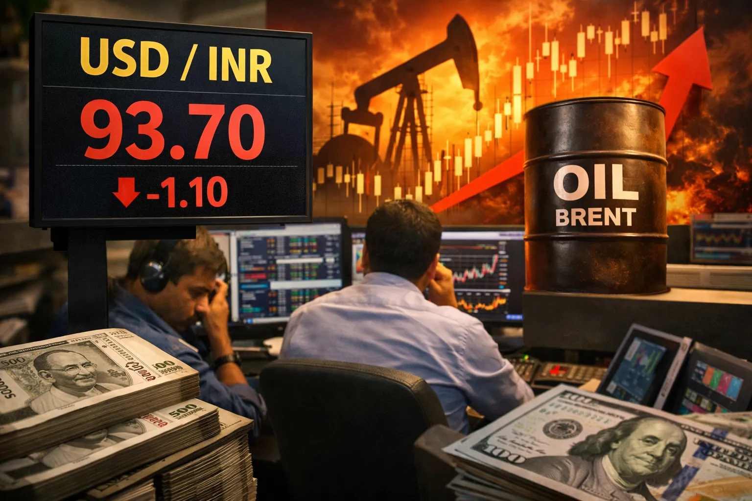 Indian rupee above 93 per dollar amid oil surge and market volatility