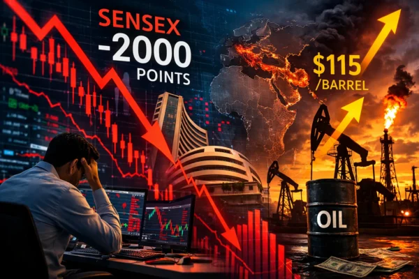 Sensex crashes 2000 points on crude oil surge amid Middle East conflict as investors react to falling stock markets.