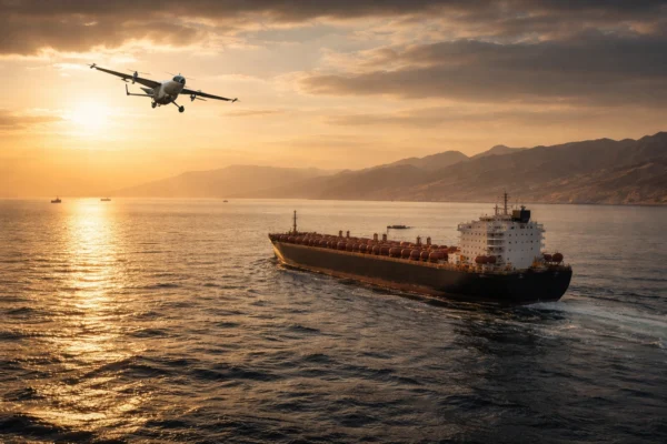 Commercial oil tankers sailing through the Strait of Hormuz amid concerns about Iran drone disruption of the Strait of Hormuz.