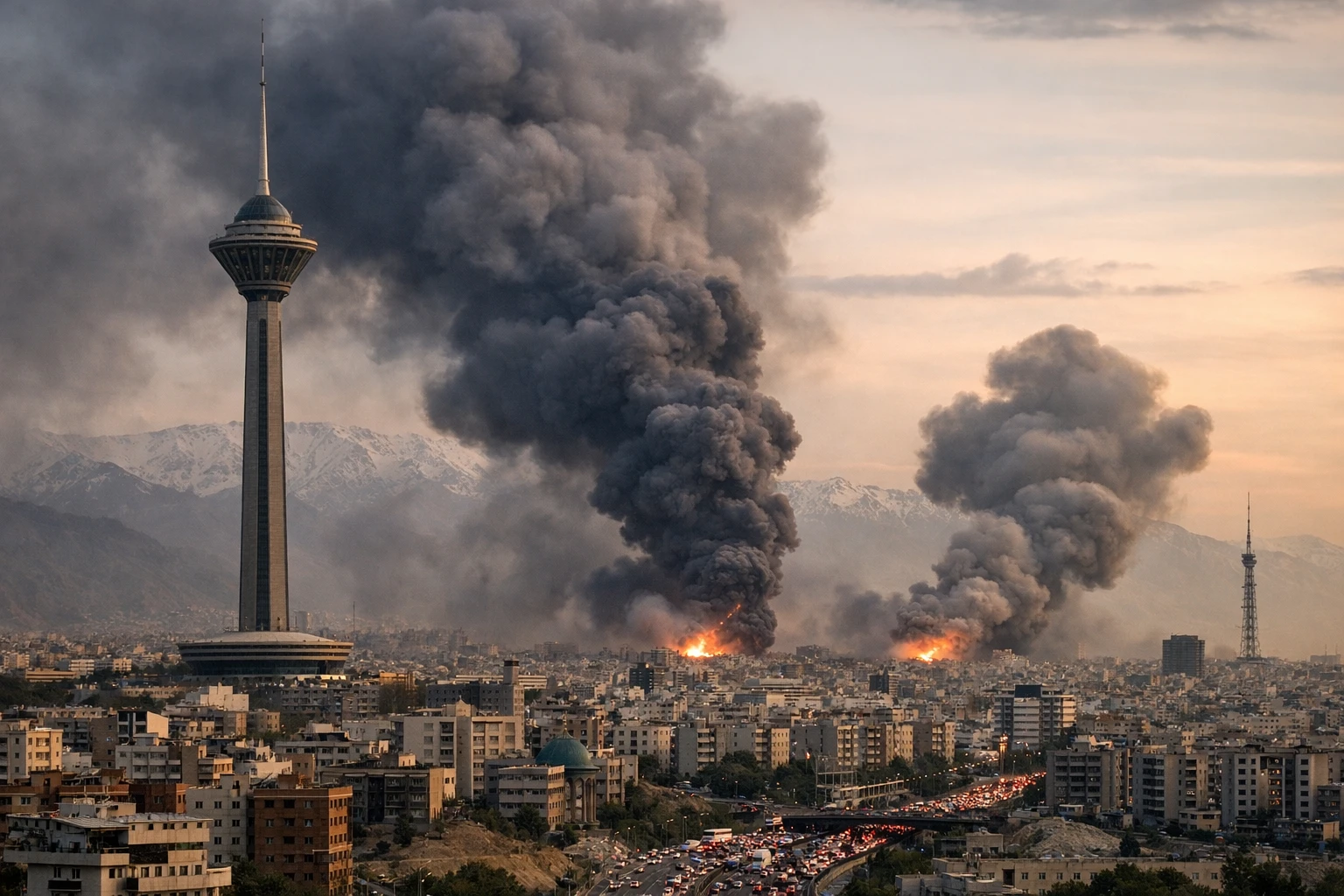 Trump demands unconditional surrender from Iran as smoke rises over Tehran following airstrikes during the regional conflict.