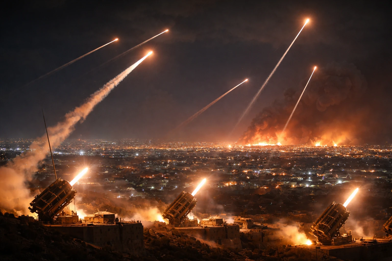 Night skyline showing missile defense systems during US-Israel attack on Iran, illustrating why did US and Israel attack Iran and how long could the war la