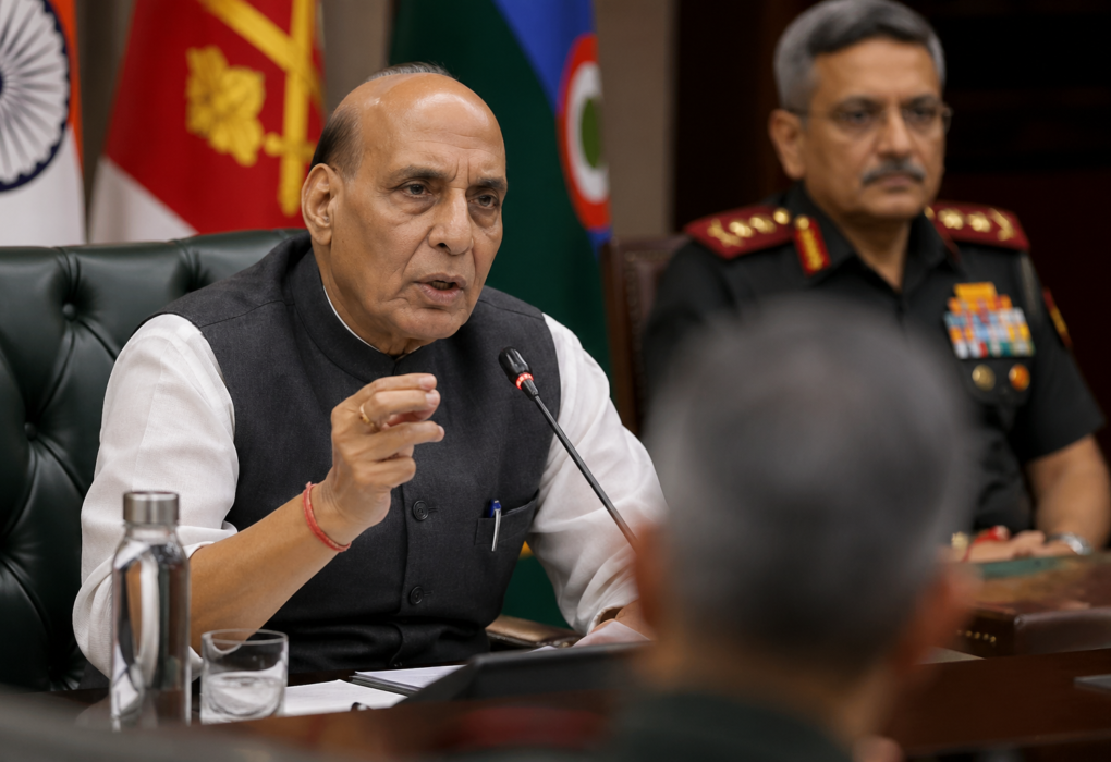 Defence Minister Rajnath Singh addressing a high-level security meeting alongside senior military officials during discussions on Operation Sindoor.