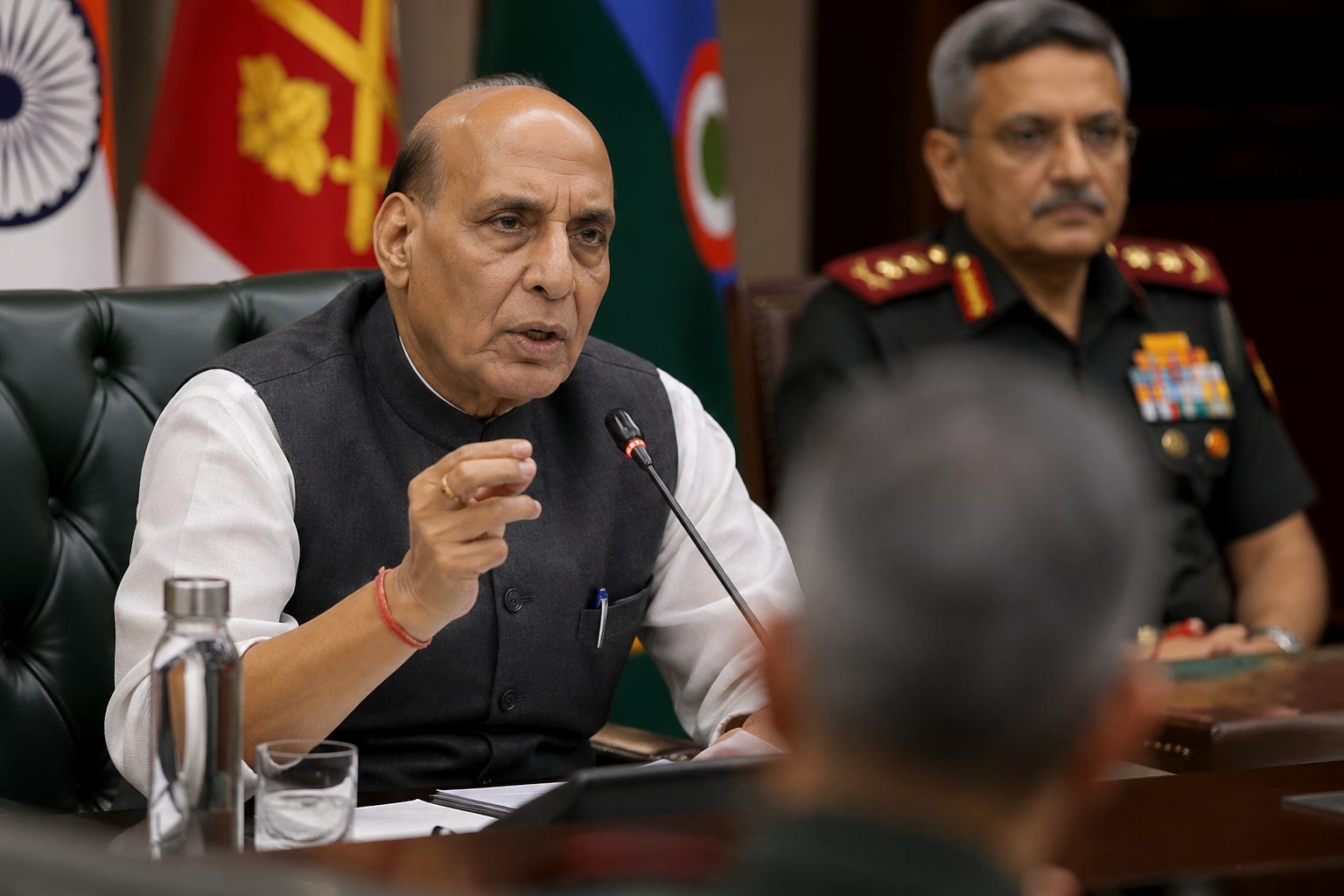 Defence Minister Rajnath Singh addressing a high-level security meeting alongside senior military officials during discussions on Operation Sindoor.