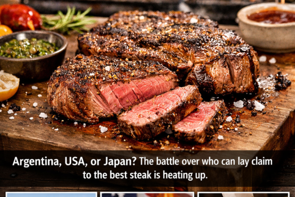 Grilled steak with scenes from Argentina asado, American steakhouse, and Japanese wagyu preparation