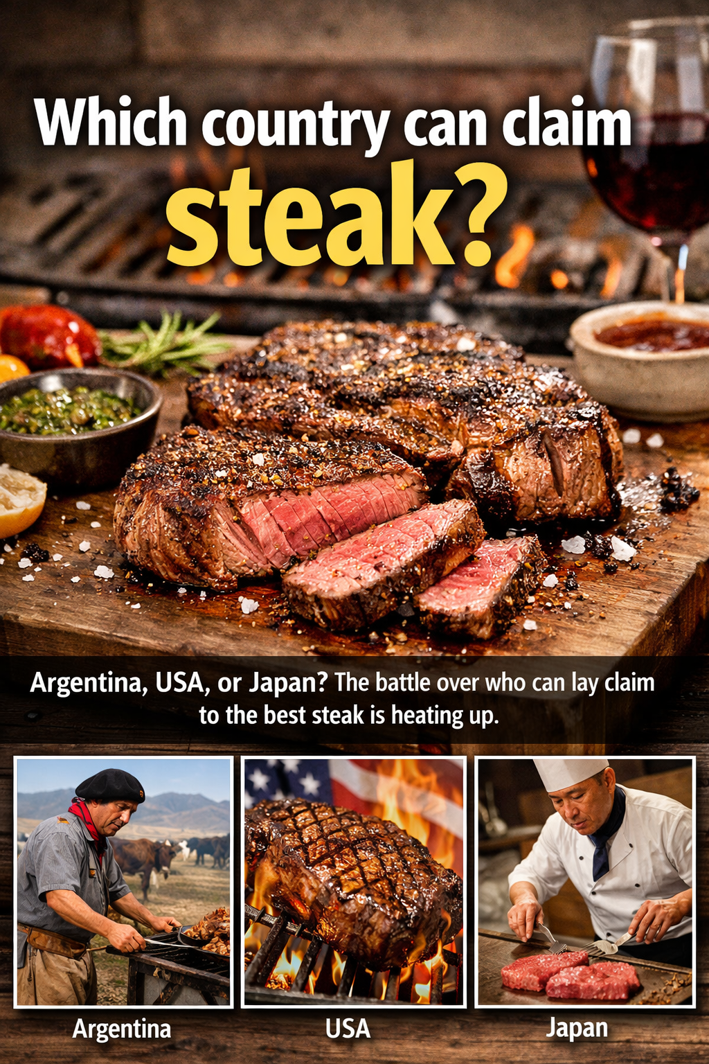Grilled steak with scenes from Argentina asado, American steakhouse, and Japanese wagyu preparation