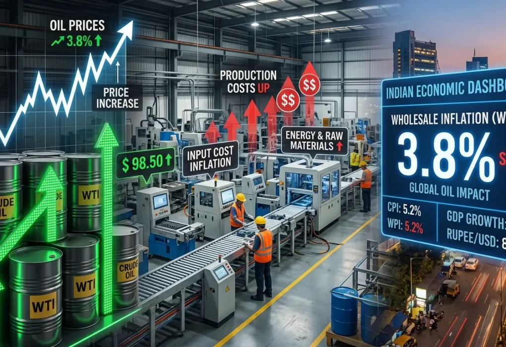 India WPI inflation rises due to oil price surge amid US-Iran conflict.