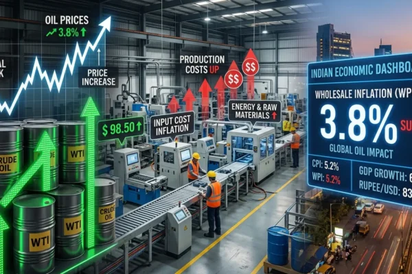 India WPI inflation rises due to oil price surge amid US-Iran conflict.