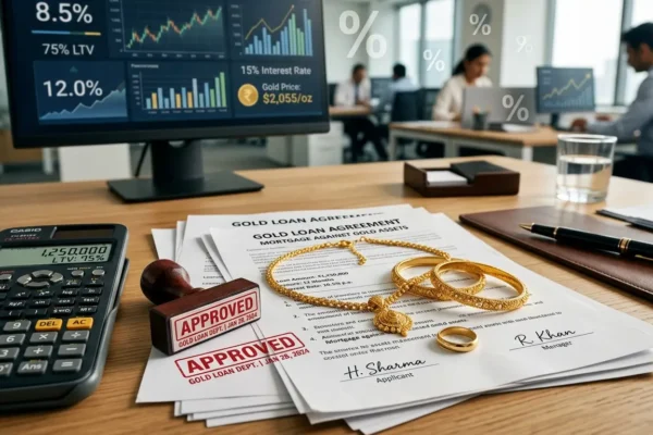 Gold jewellery placed beside loan documents representing gold loan borrowing process