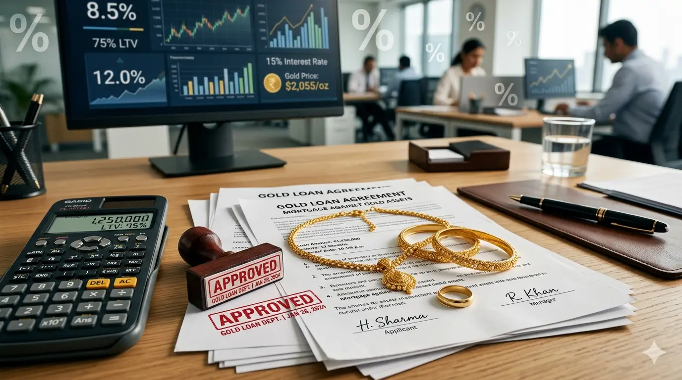 Gold jewellery placed beside loan documents representing gold loan borrowing process