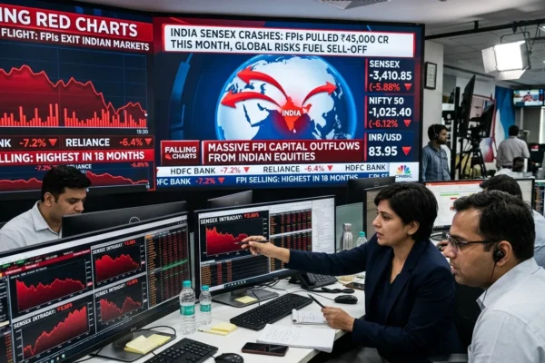 Falling stock market charts showing foreign investor outflows from India