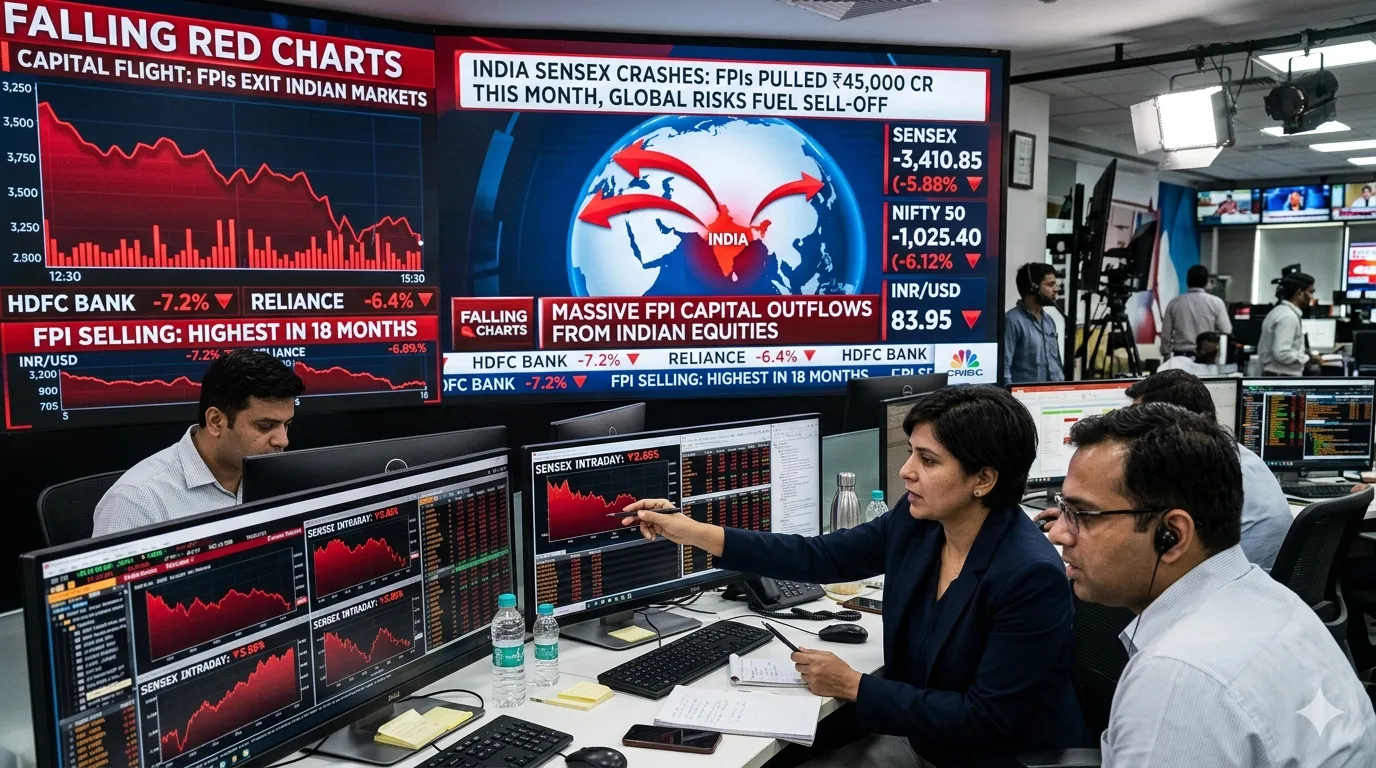 Falling stock market charts showing foreign investor outflows from India