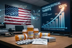 Imported medicines with US flag and tariff graphics indicating 100 percent trade duty proposal