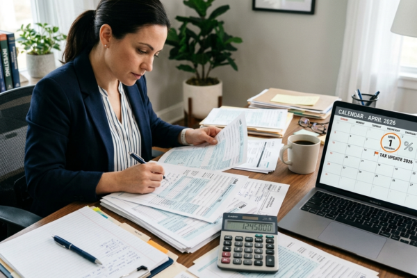 Taxpayer reviewing documents with April 1 2026 marked for new income tax rules
