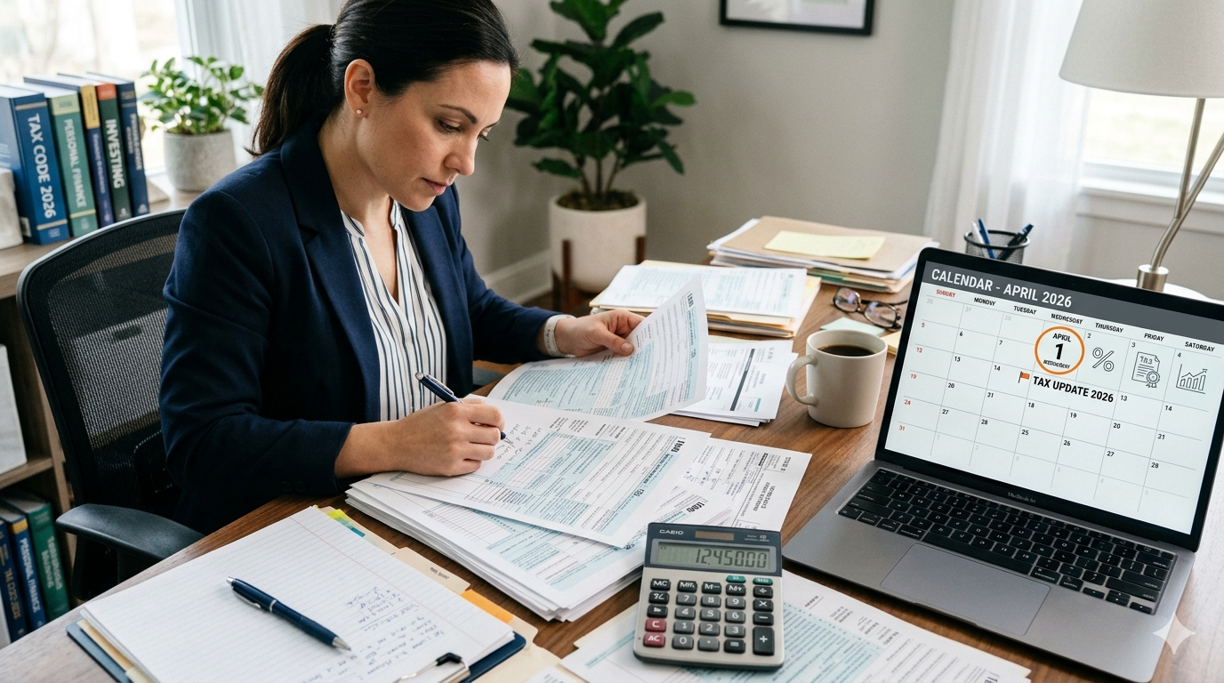 Taxpayer reviewing documents with April 1 2026 marked for new income tax rules