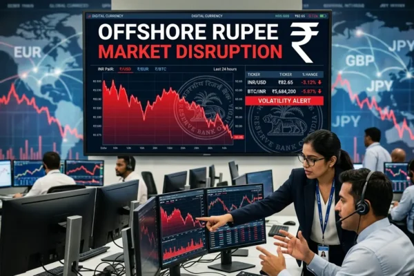 Digital trading screen showing Indian Rupee volatility after RBI trading ban