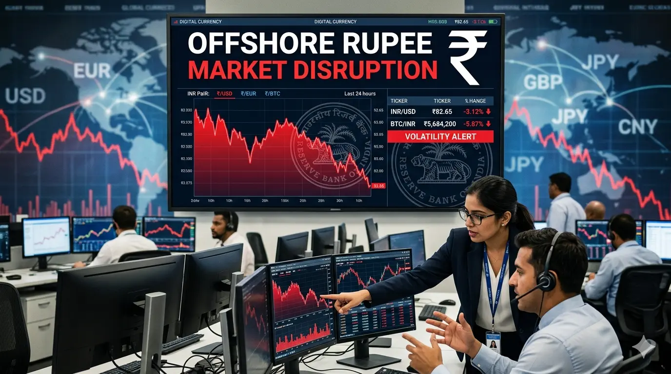 Digital trading screen showing Indian Rupee volatility after RBI trading ban