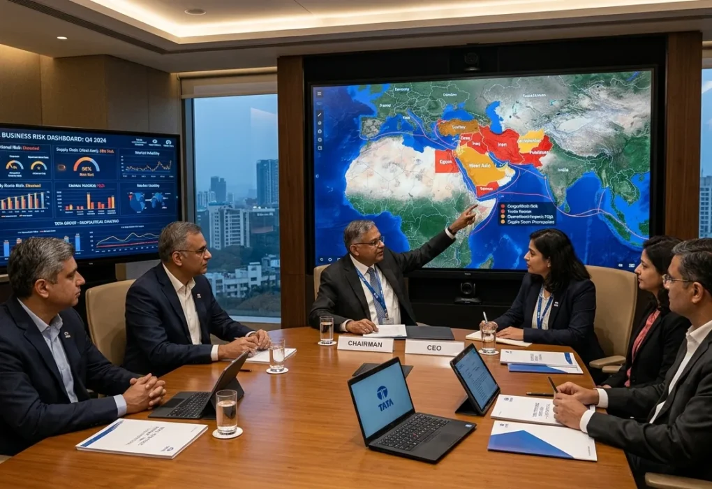 Corporate executives reviewing West Asia business risks amid geopolitical tensions