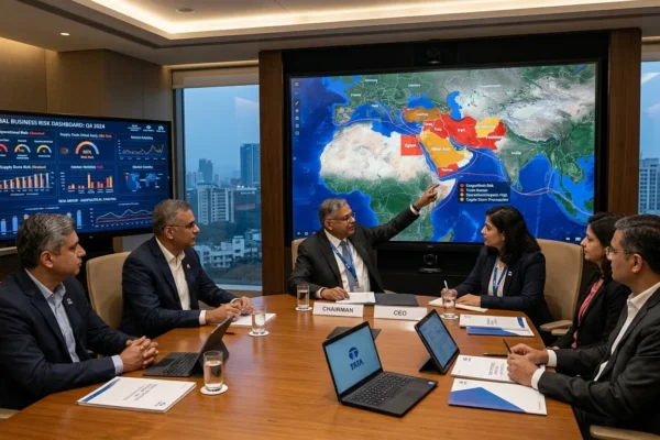 Corporate executives reviewing West Asia business risks amid geopolitical tensions