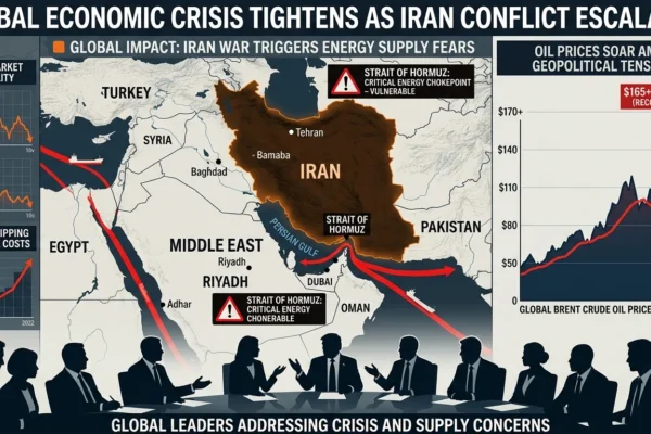 World leaders monitoring global economic impact of Iran war with oil price charts and Middle East map