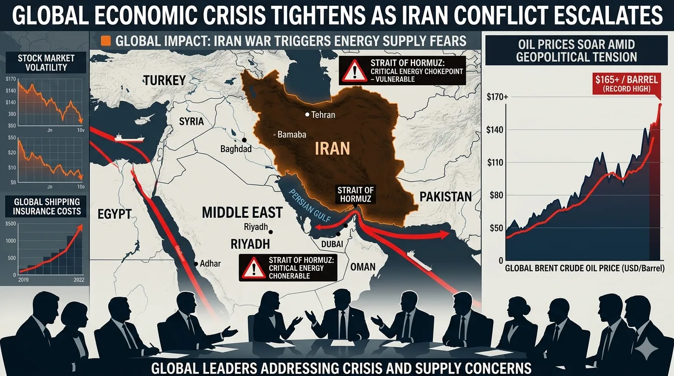 World leaders monitoring global economic impact of Iran war with oil price charts and Middle East map