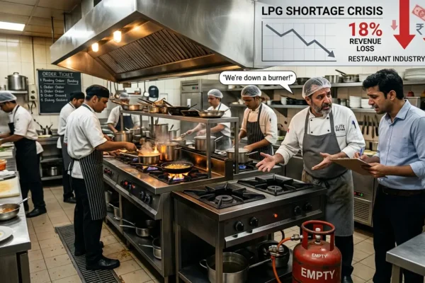 Restaurant kitchen facing LPG shortage with empty gas cylinders impacting operations