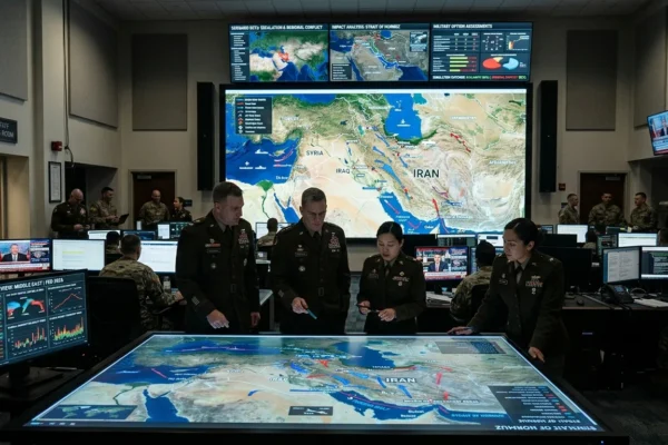 Military analysts reviewing Iran war simulation scenarios on digital strategy screens