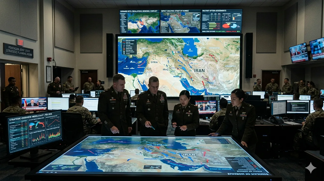 Military analysts reviewing Iran war simulation scenarios on digital strategy screens