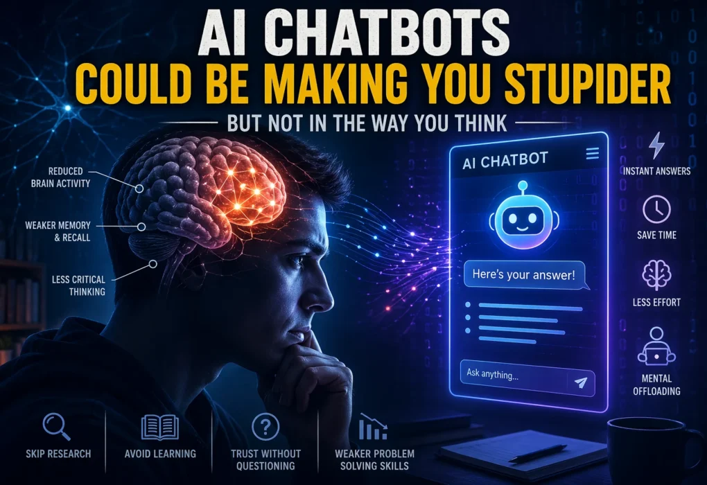 Human brain connected to AI chatbot interface showing cognitive decline concept