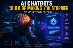 Human brain connected to AI chatbot interface showing cognitive decline concept