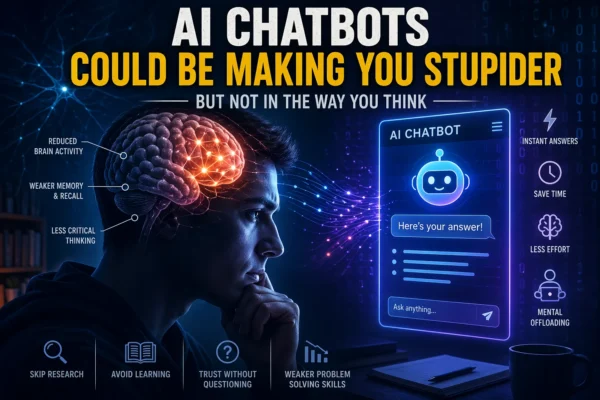 Human brain connected to AI chatbot interface showing cognitive decline concept