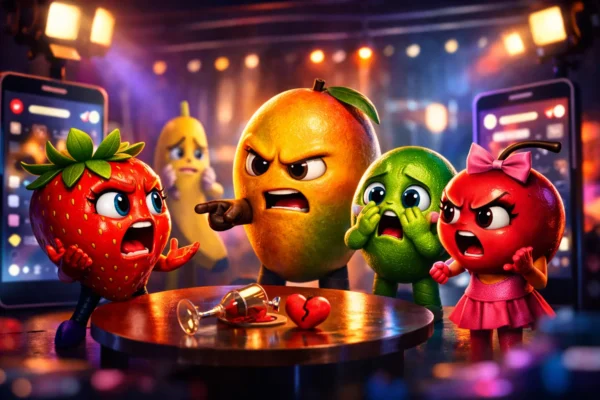 AI-generated animated fruit characters in a dramatic social media-style scene