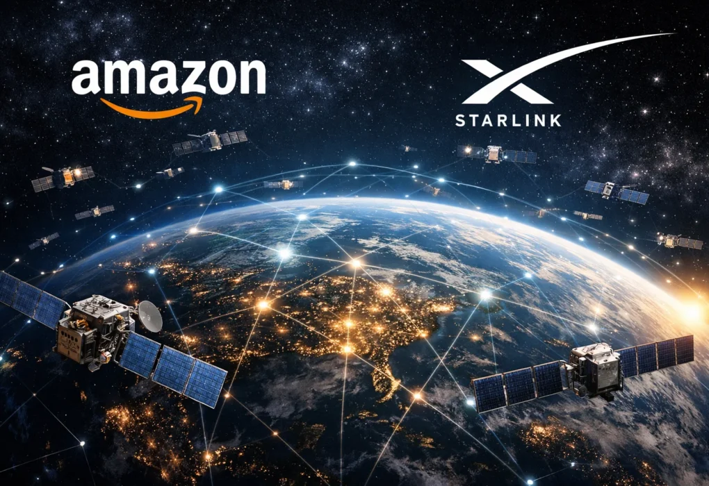 Satellites orbiting Earth representing Amazon Project Kuiper and Starlink rivalry