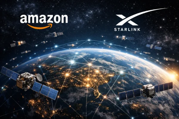 Satellites orbiting Earth representing Amazon Project Kuiper and Starlink rivalry