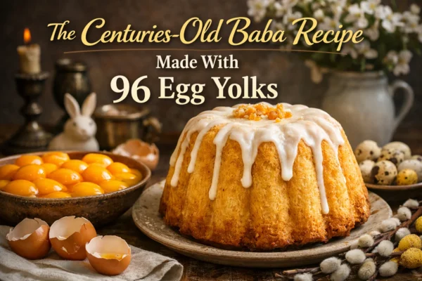 Traditional Polish muslin baba cake made with 96 egg yolks, shown with glaze and rustic kitchen setting