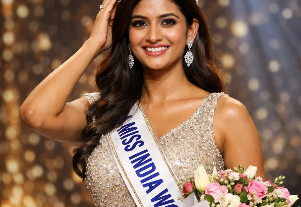 Sadhvi Satish Sail wearing crown after winning Miss India World 2026 on stage