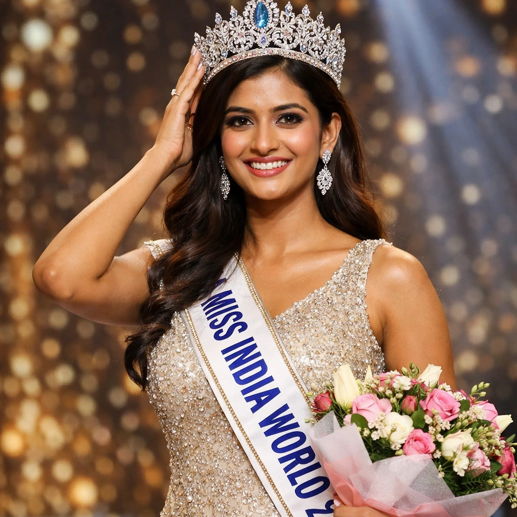 Sadhvi Satish Sail wearing crown after winning Miss India World 2026 on stage