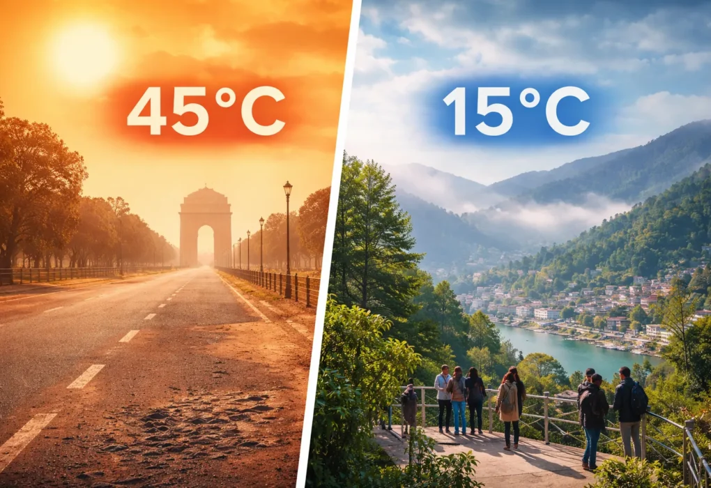 Split image showing Delhi heatwave at 45°C and cool hill station landscape at 15°C with mountains and tourists